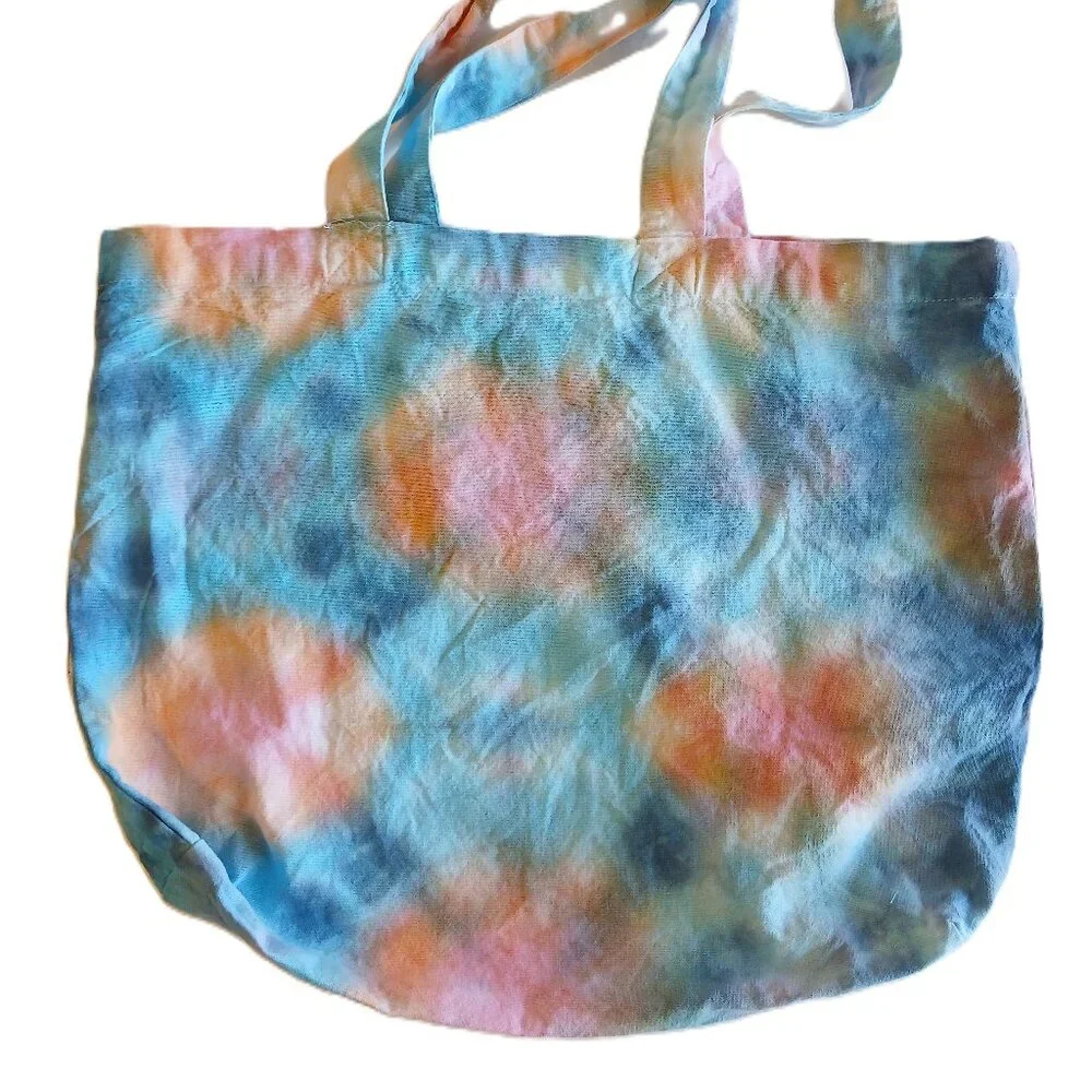 Tie Dye Tote Bag Cotton Reusable Grocery Bag With Blue Pink Orange Handmade - Picture 11 of 16